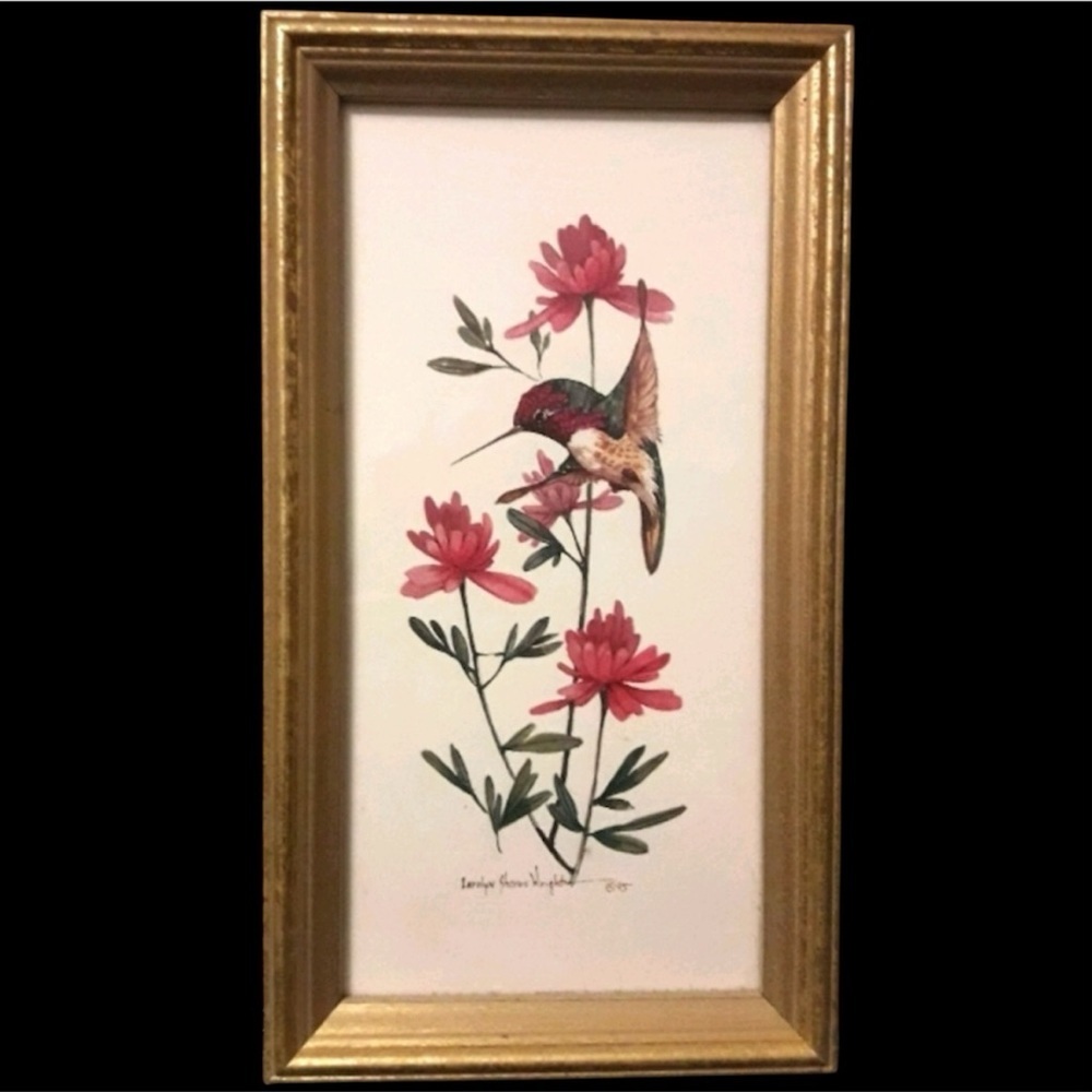 Hummingbird Wall Art Framed Drawing Watercolor VTG